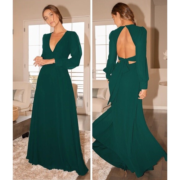 Lulus Dresses & Skirts - Lulus Talk About Divine Hunter Green Long Sleeve Backless Maxi Dress Size Large